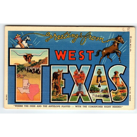 Greetings From West Texas Large Big Letter Postcard Linen Curt Teich Unused - Picture 1 of 2